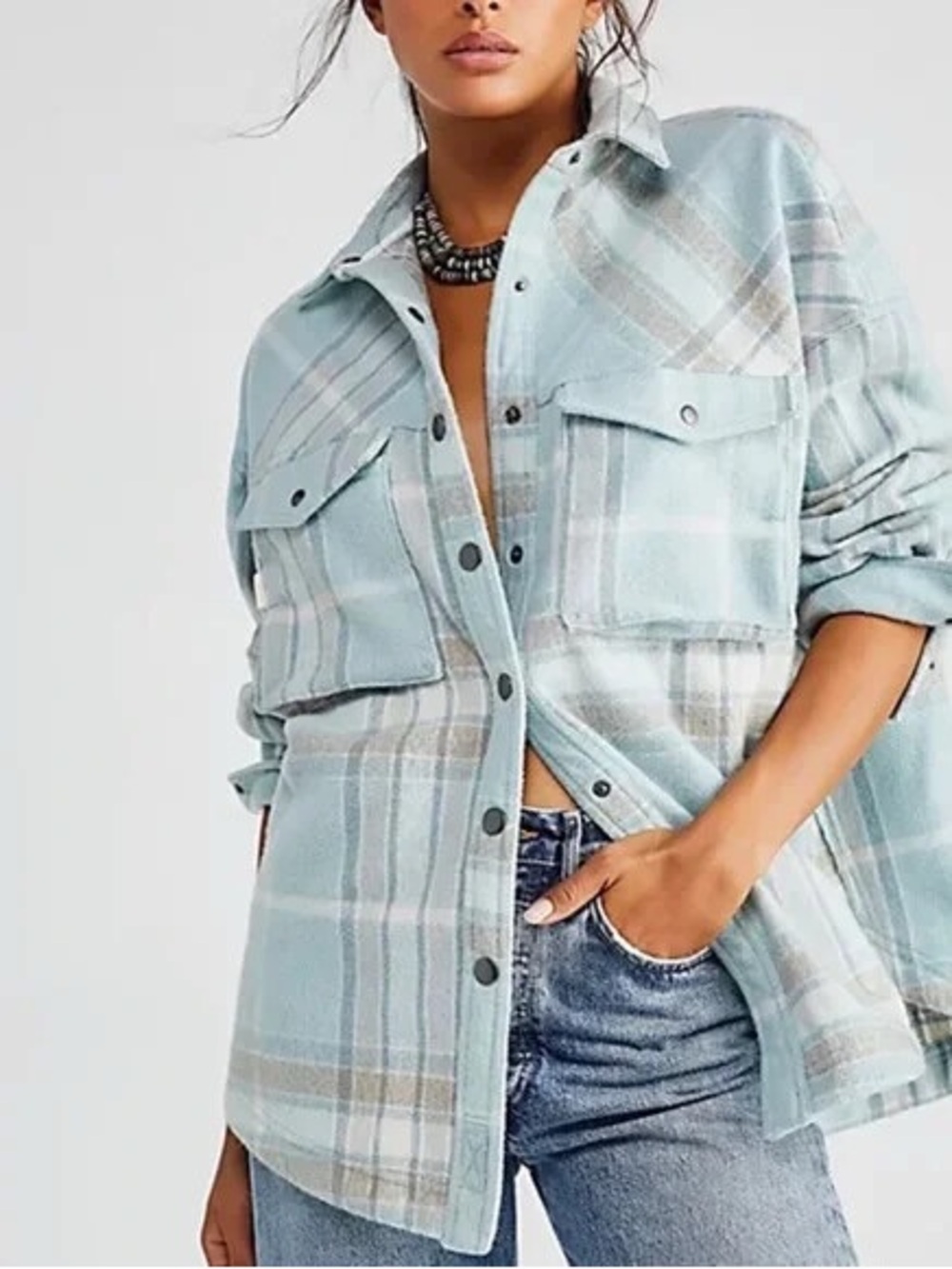 Free People We The Free Plaid Shacket Blue Oversized Snap Jacket Shirt S Boho